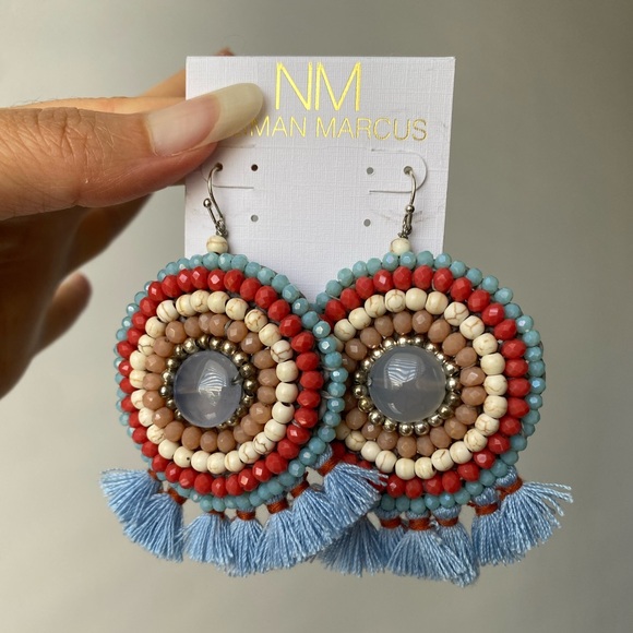 Neiman Marcus Statement Fran Drop Fringe Round Stone Bead Blue Red Cream NWT box - Picture 13 of 15